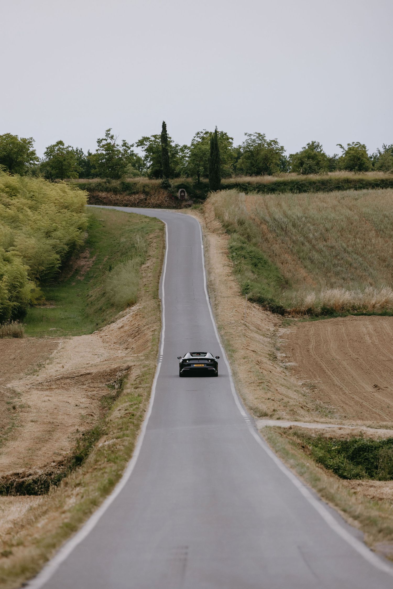 Long, winding country road through rolling hills and fields.