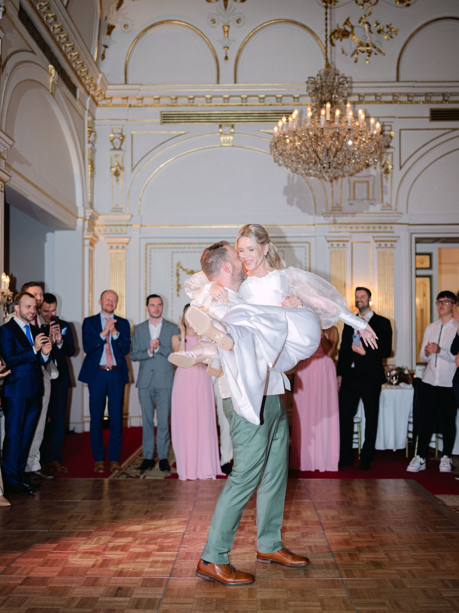 Wedding couple sharing their first dance at Gundel Restaurant during an intimate luxury destination wedding in Budapest
