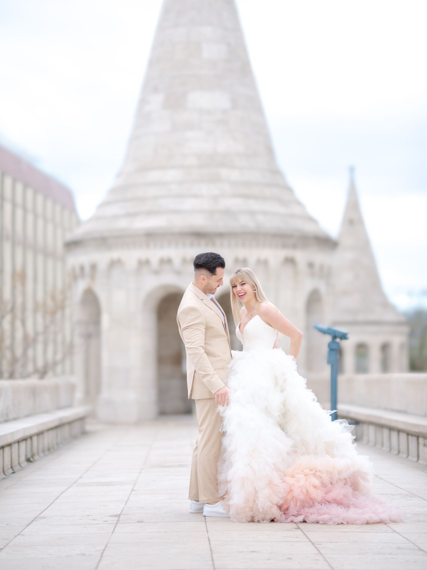 Graceful couple posing romantically at Fisherman’s Bastion during an elopement shoot, beautifully captured by Hang Pham Photography
