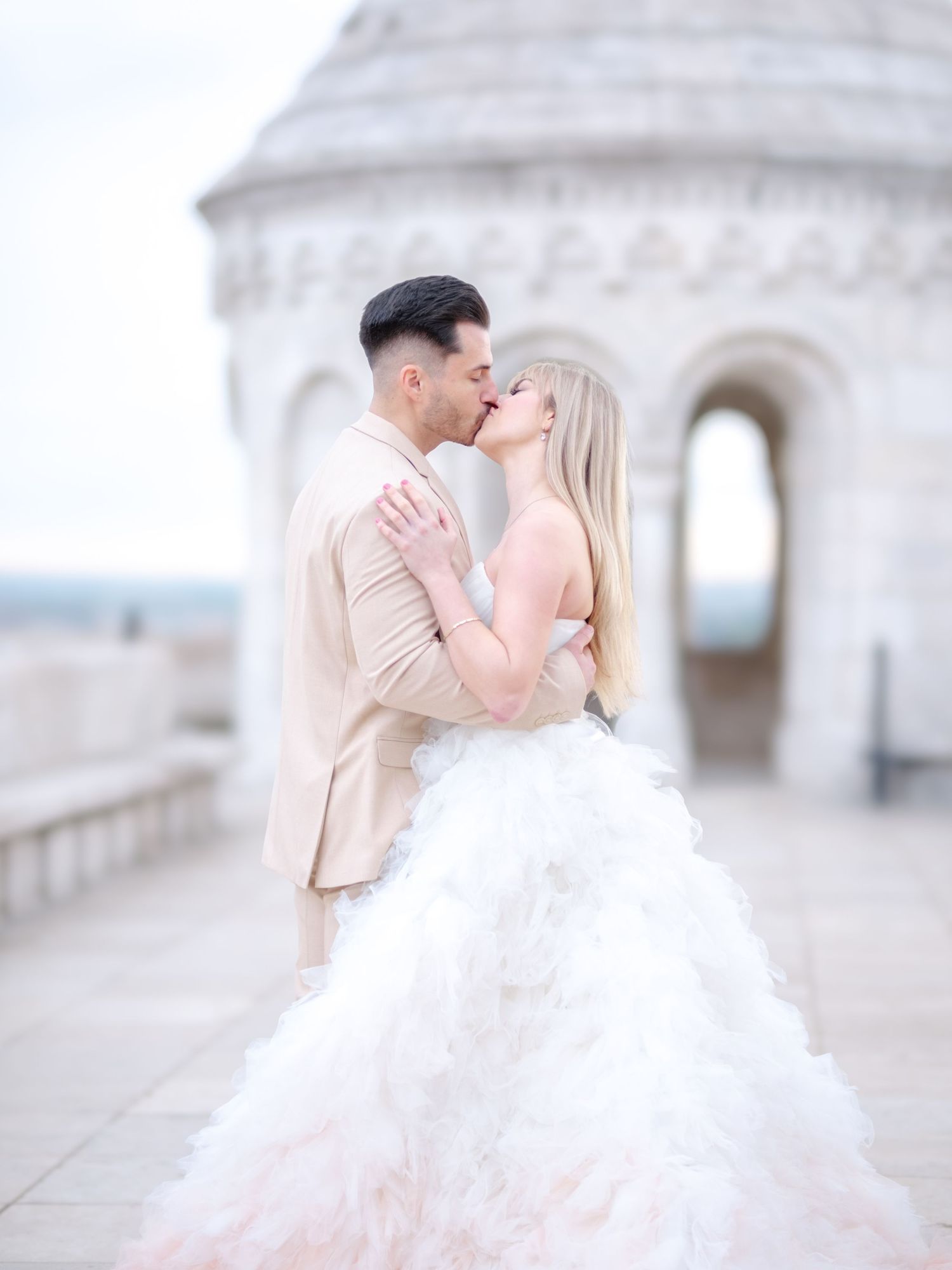 Graceful couple posing romantically at Fisherman’s Bastion during an elopement shoot, beautifully captured by Hang Pham Photography