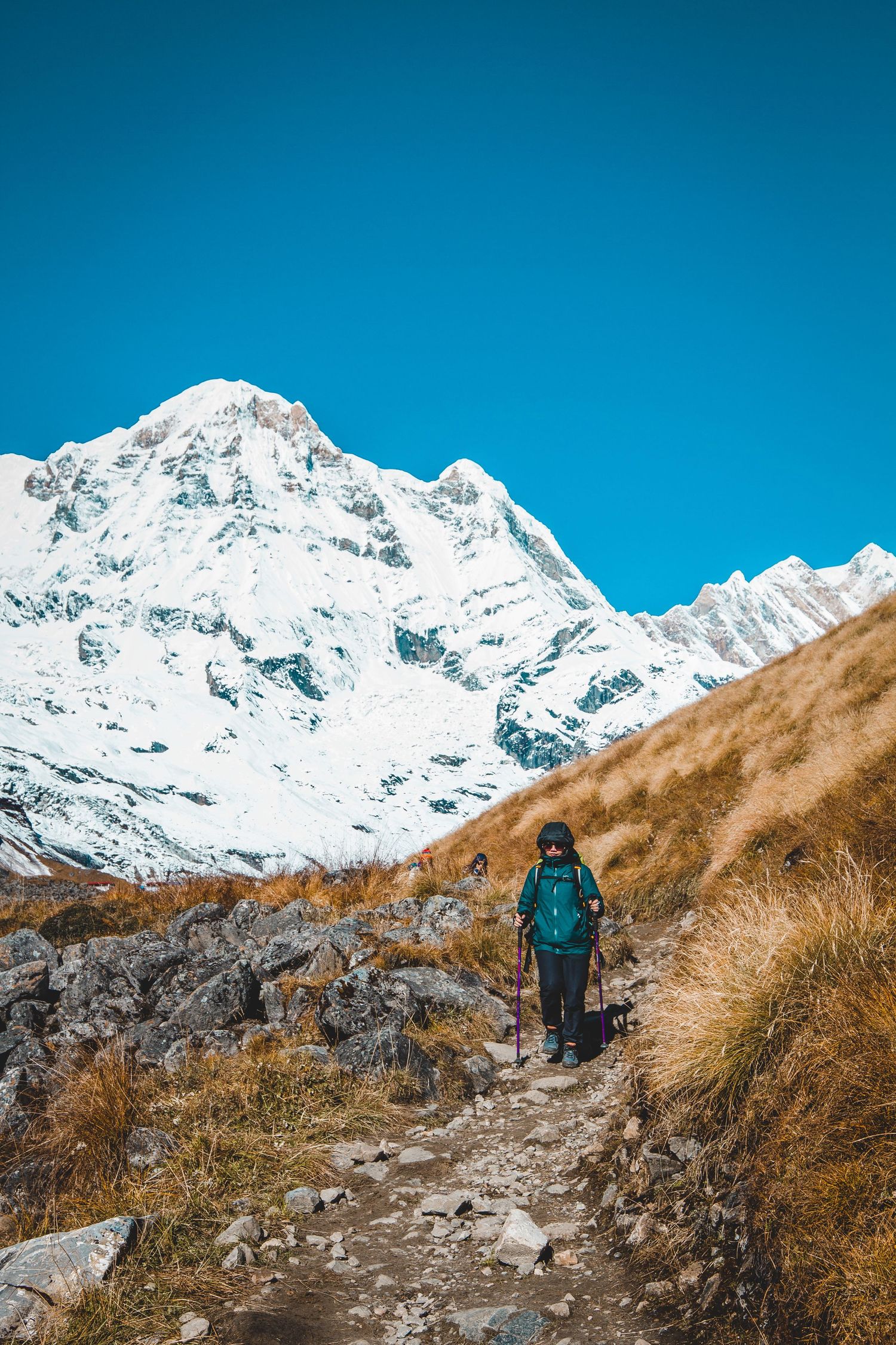 Hiker trekking through Annapurna trails in Nepal with breathtaking views of towering peaks, perfect for adventure and nature lovers