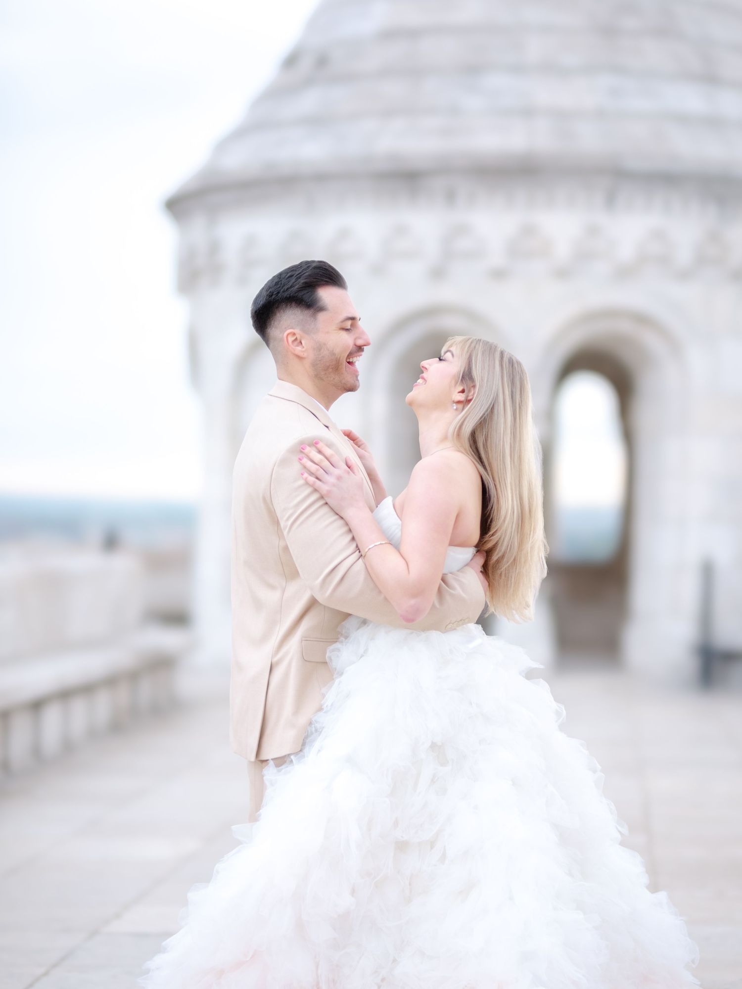 Graceful couple posing romantically at Fisherman’s Bastion during an elopement shoot, beautifully captured by Hang Pham Photography