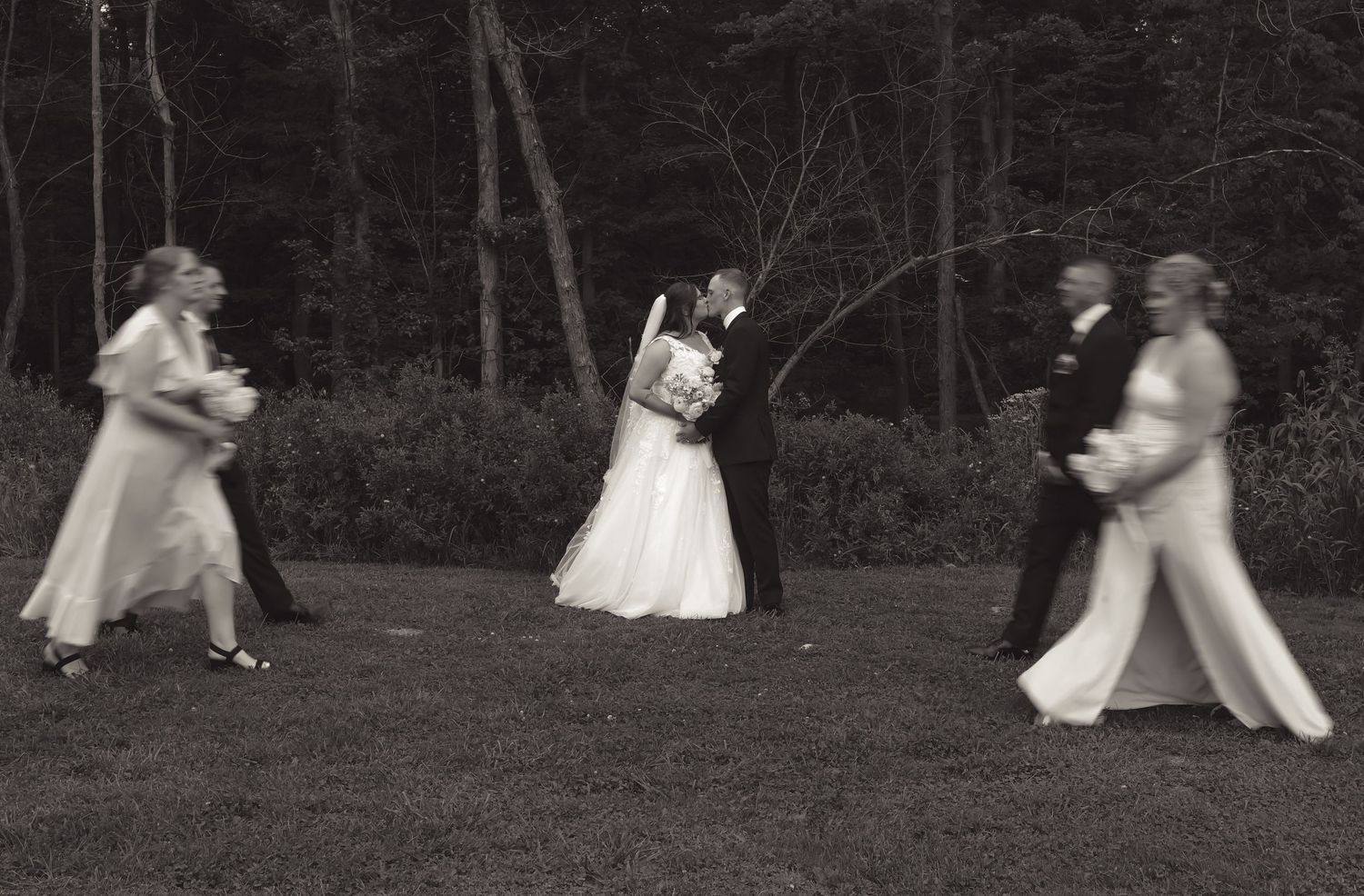 Black and white photo of a bride and groom kissing outdoors while wedding party members walk past.