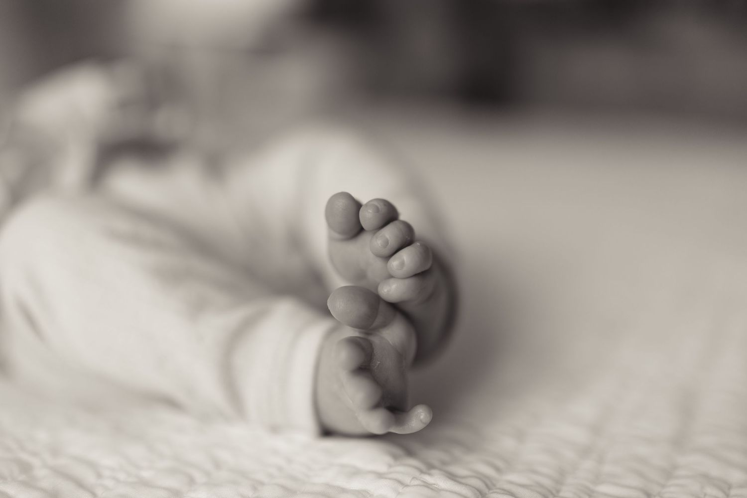 Close-up black and white photo of a newborn baby's tiny feet resting on a soft white blanket.