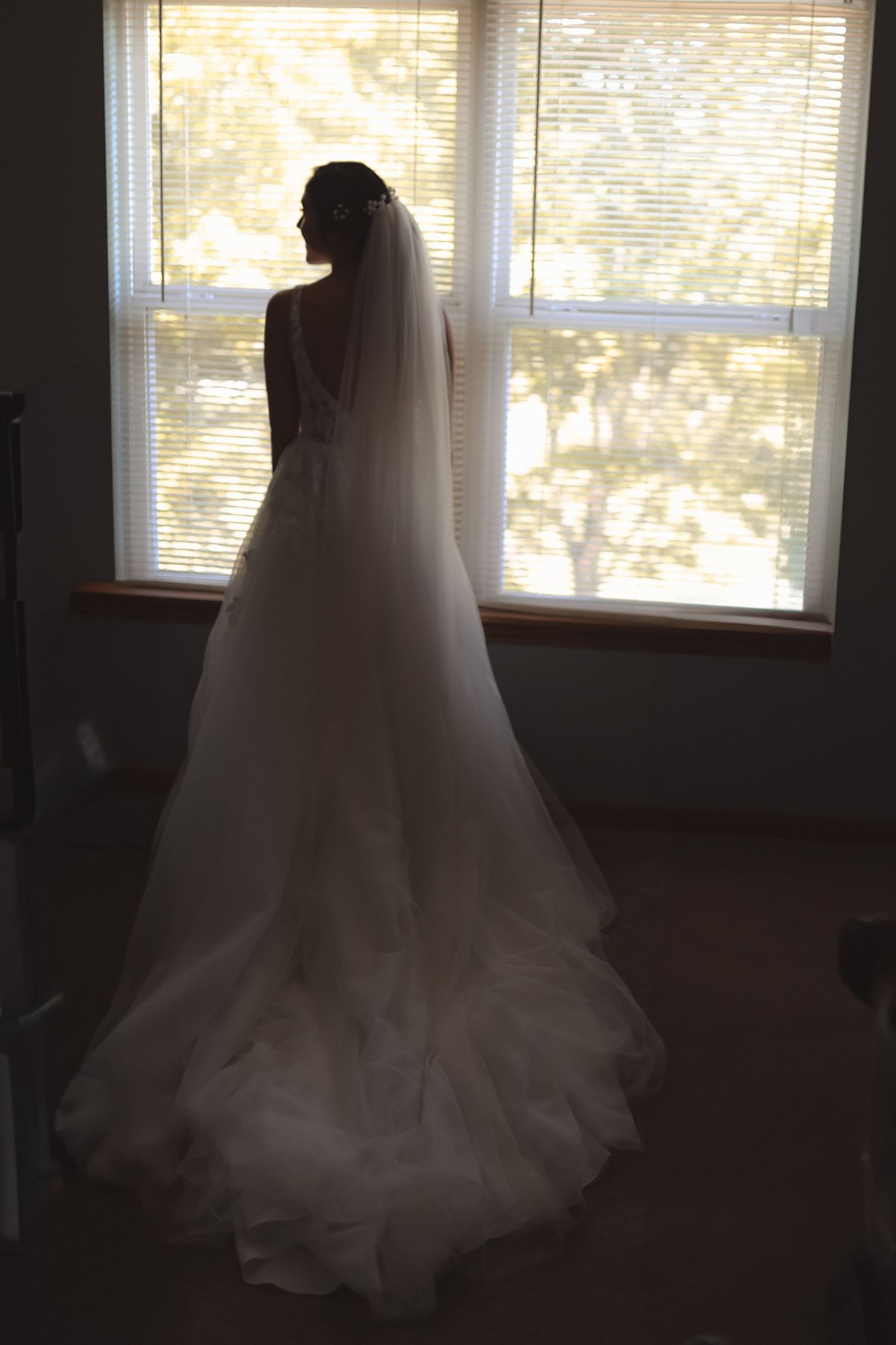 Bride in elegant white wedding gown and veil standing silhouetted before a sunlit window.