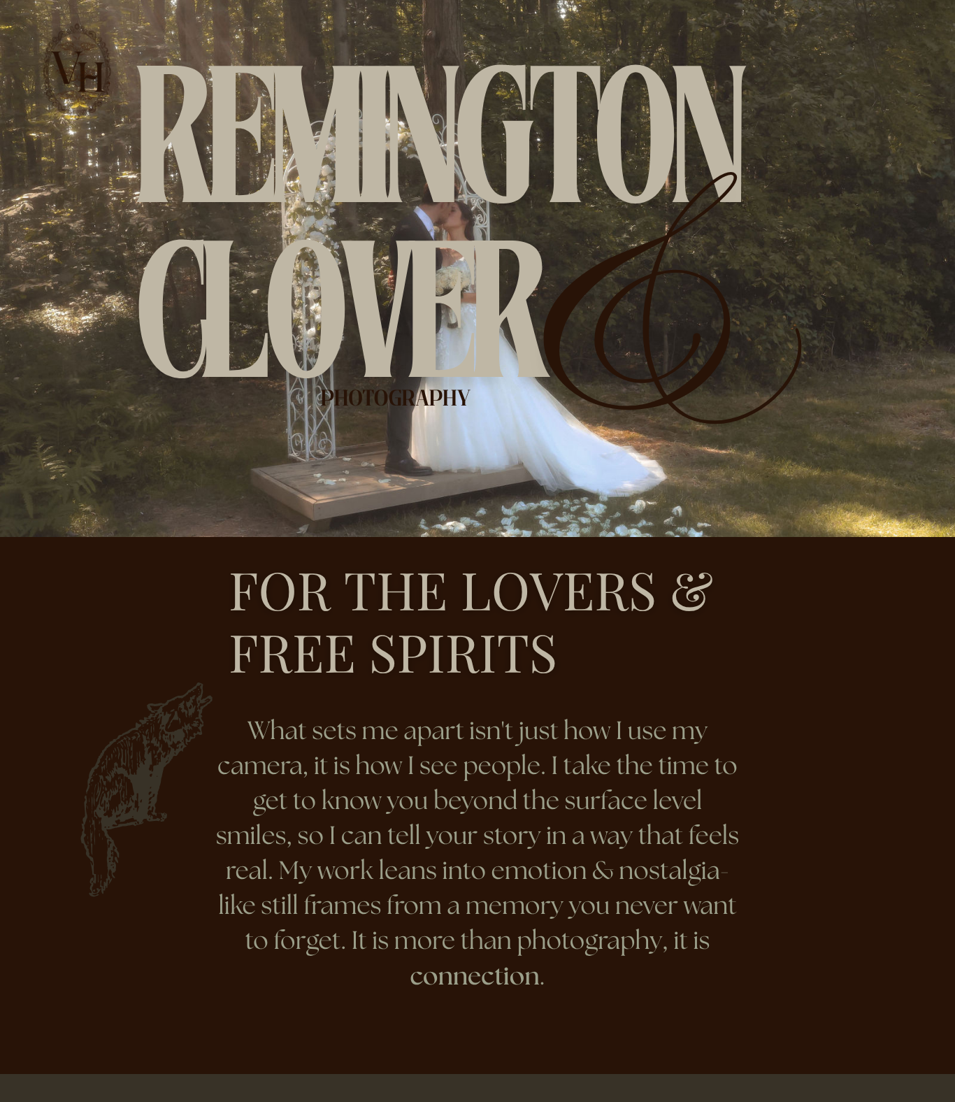 Remington Clover Photography logo over an outdoor wedding scene with a bride in white dress among trees.