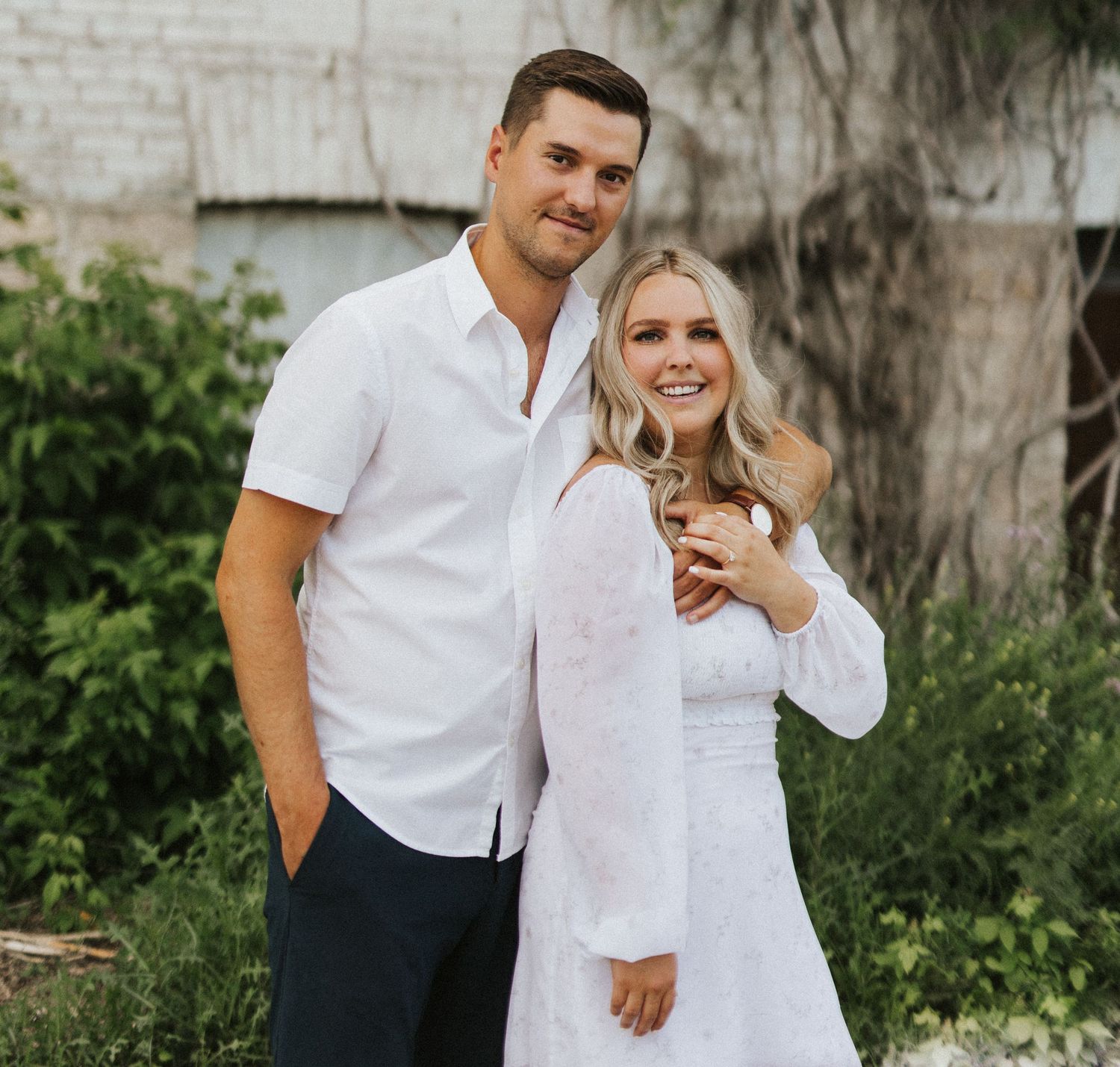 Summer portrait sequence showing couple in white clothing against garden backdrop.