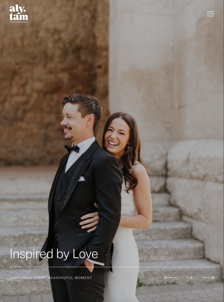 Winnipeg wedding photography website homepage featuring romantic couple on stone steps. St. Boniface Cathedral.