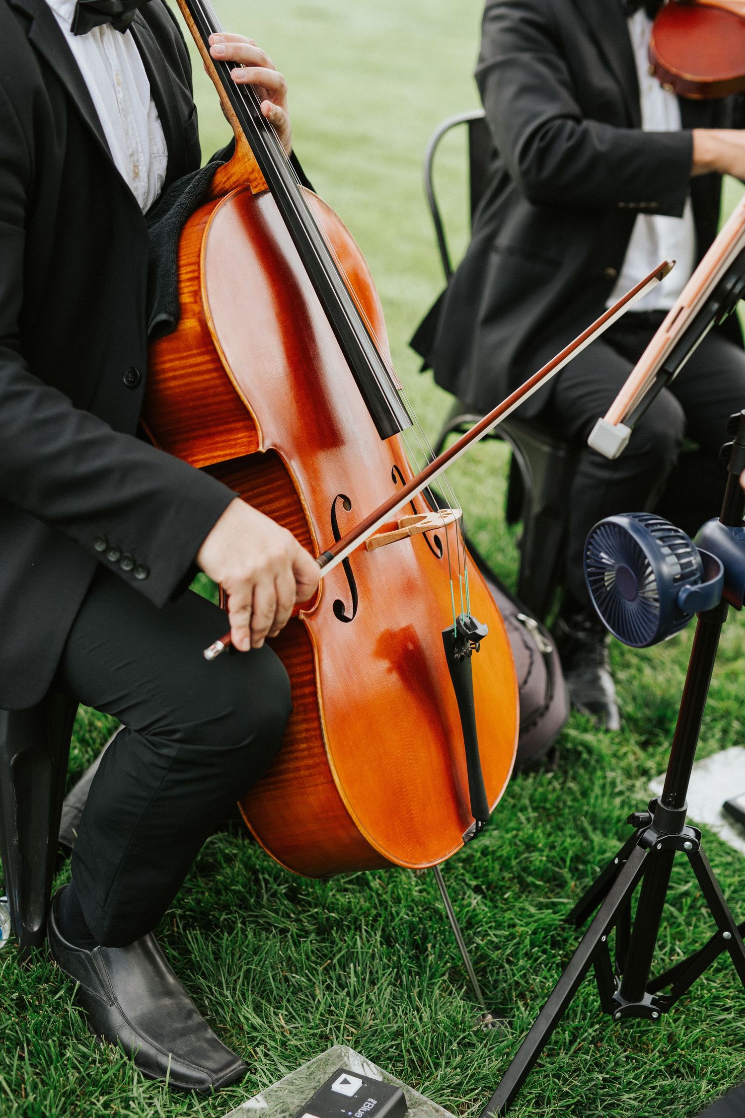 Musicians in formal black attire play cellos on grass during an outdoor wedding ceremony.