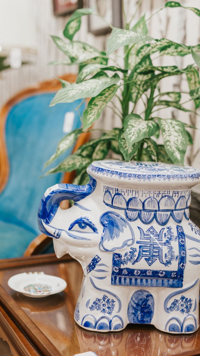 Blue and white chinoiserie planter with delicate pattern holding a green leafy plant.