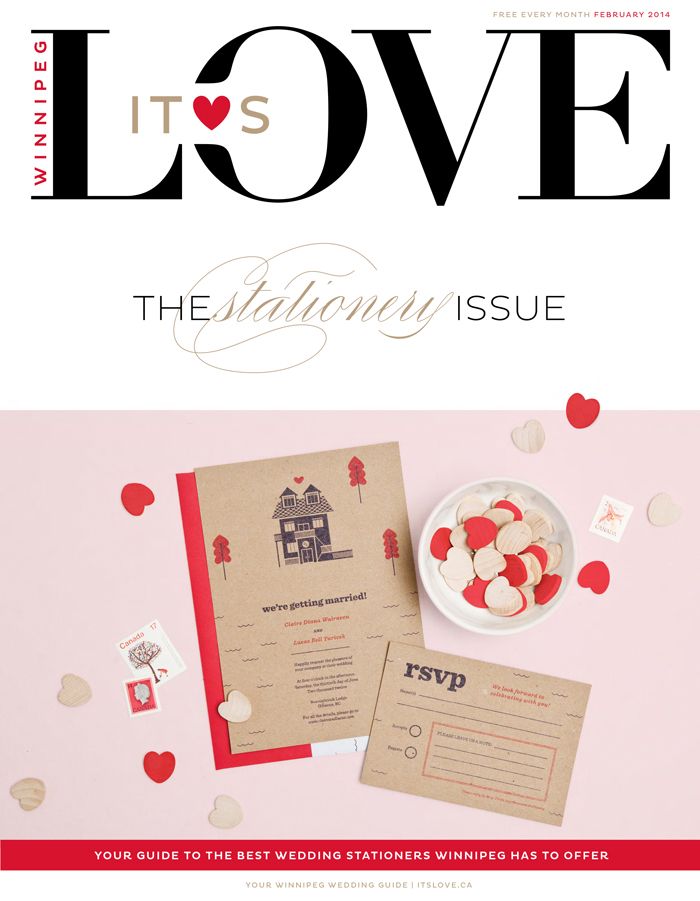 Wedding stationery collection displayed on pink background with hearts and decorative elements.