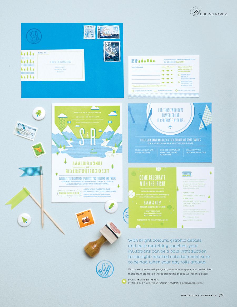 Wedding invitation suite with blue and green color scheme laid out on a light background.