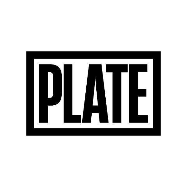 Black and white rectangular logo featuring the word PLATE in bold capital letters within a simple border frame.