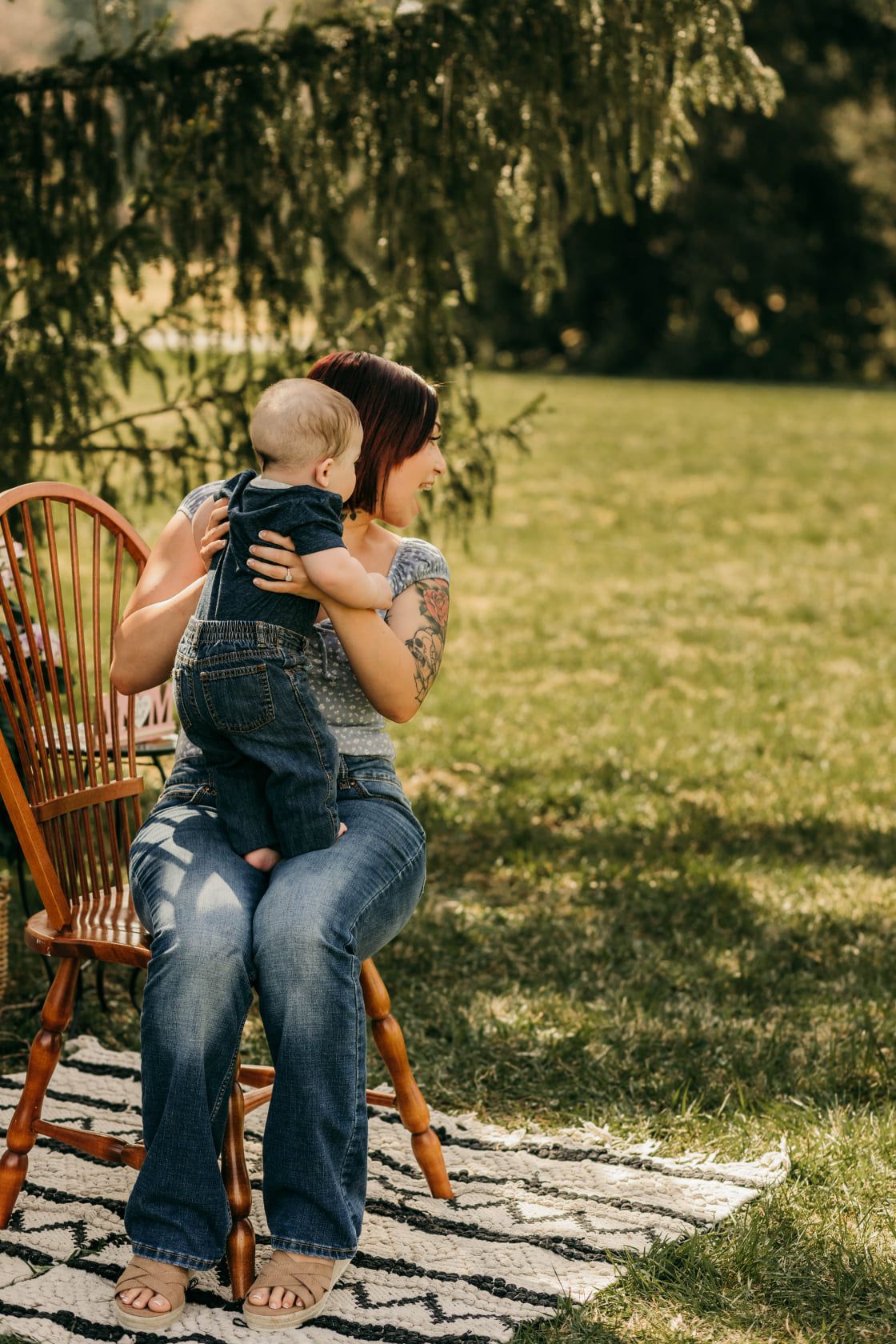 A series of photos showing tender moments on a wooden rocking chair in a sunlit garden setting.