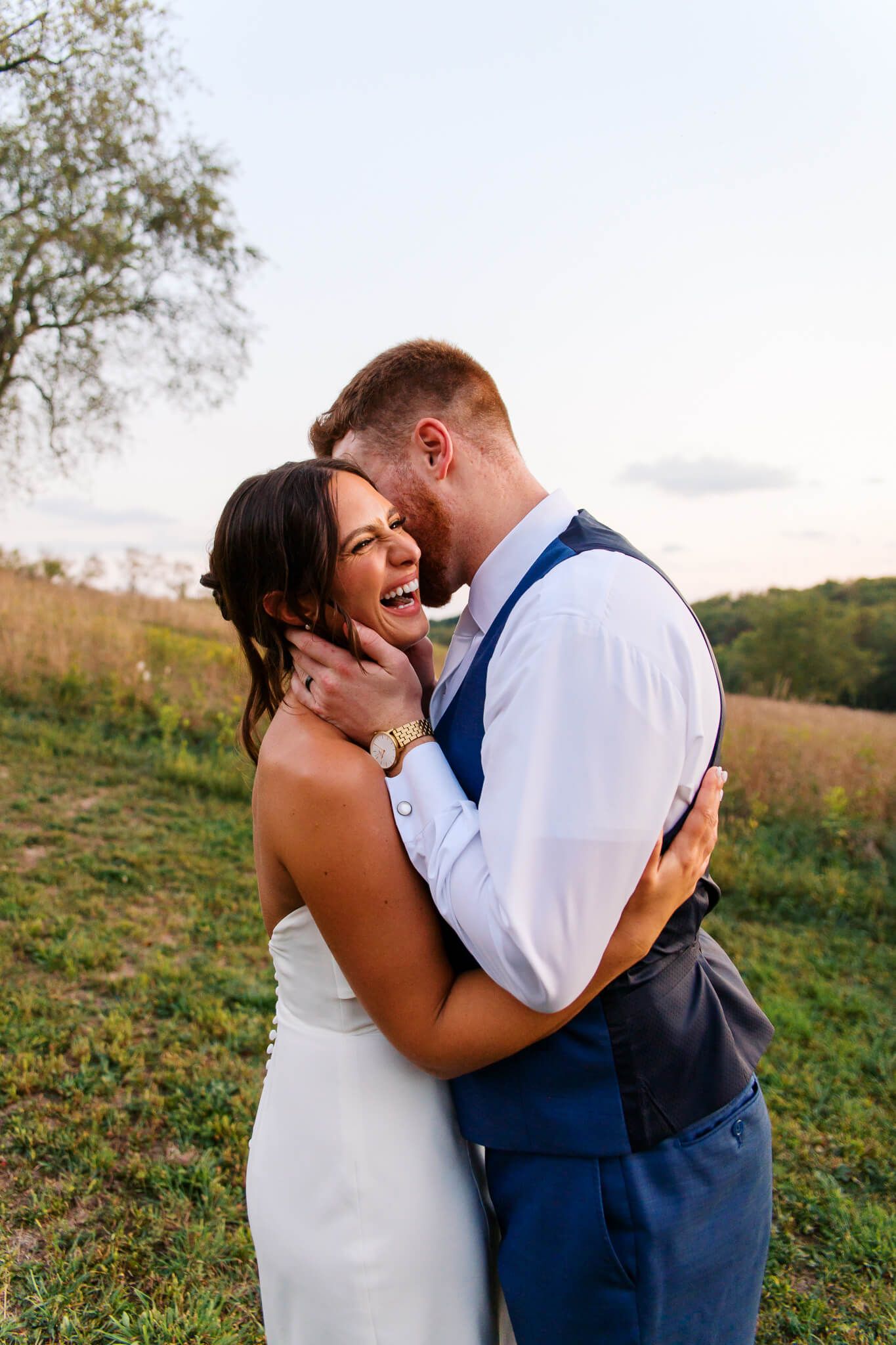 Wedding couple laughing during sunset photos with Pittsburgh Wedding & Motherhood Photographer, Emma Craven