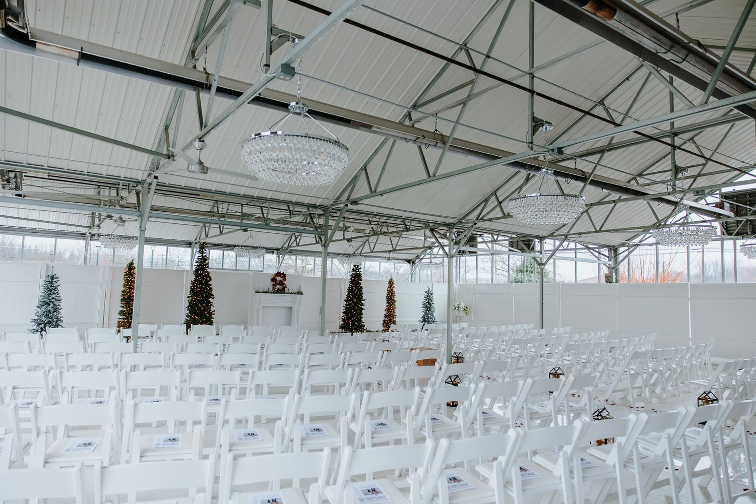 The Atrium Ceremony Space Decorated for a winter wedding in Butler, Pennsylvania