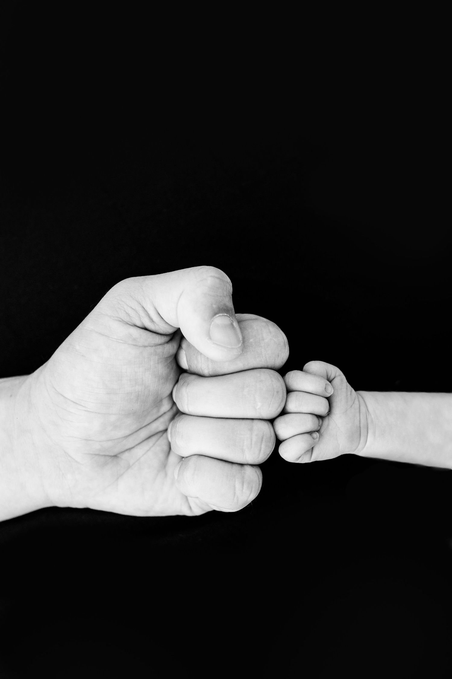 Black and white photo of a large adult fist bumping a tiny newborn baby fist.
