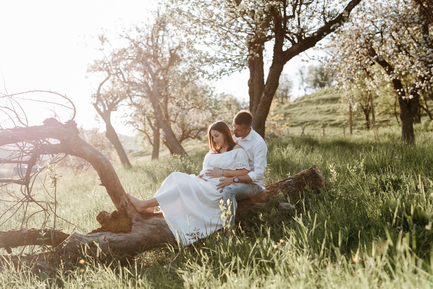 Romantic couple sitting together on a log in a sunlit blossoming orchard during spring.