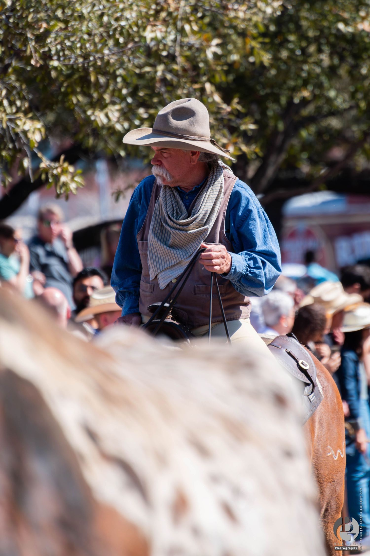 A seasoned rider wearing western attire including denim shirt, bandana and cowboy hat sits atop a horse during an outdoor event.