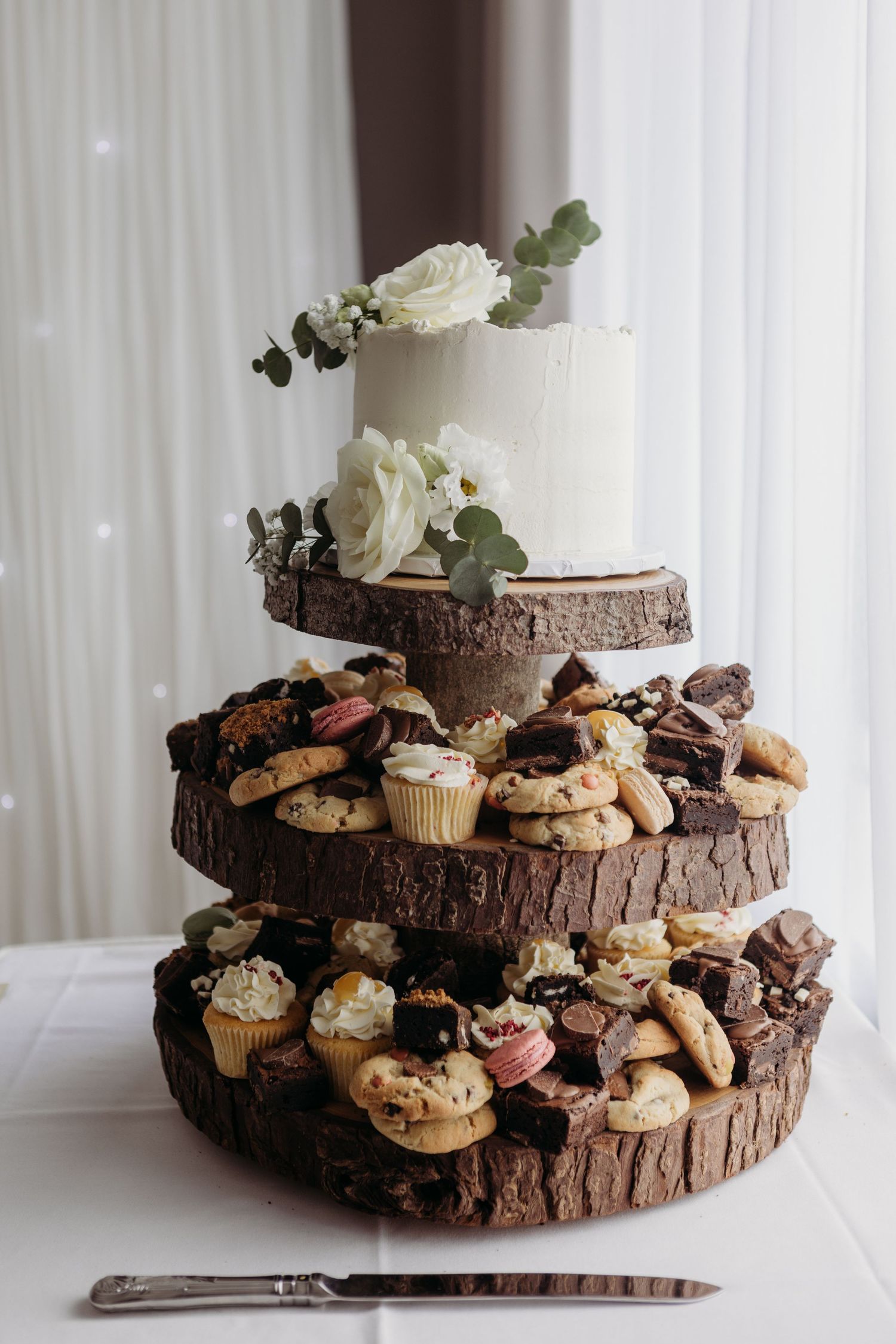 Rustic wedding cake and dessert tower | Captured by NY Photography.