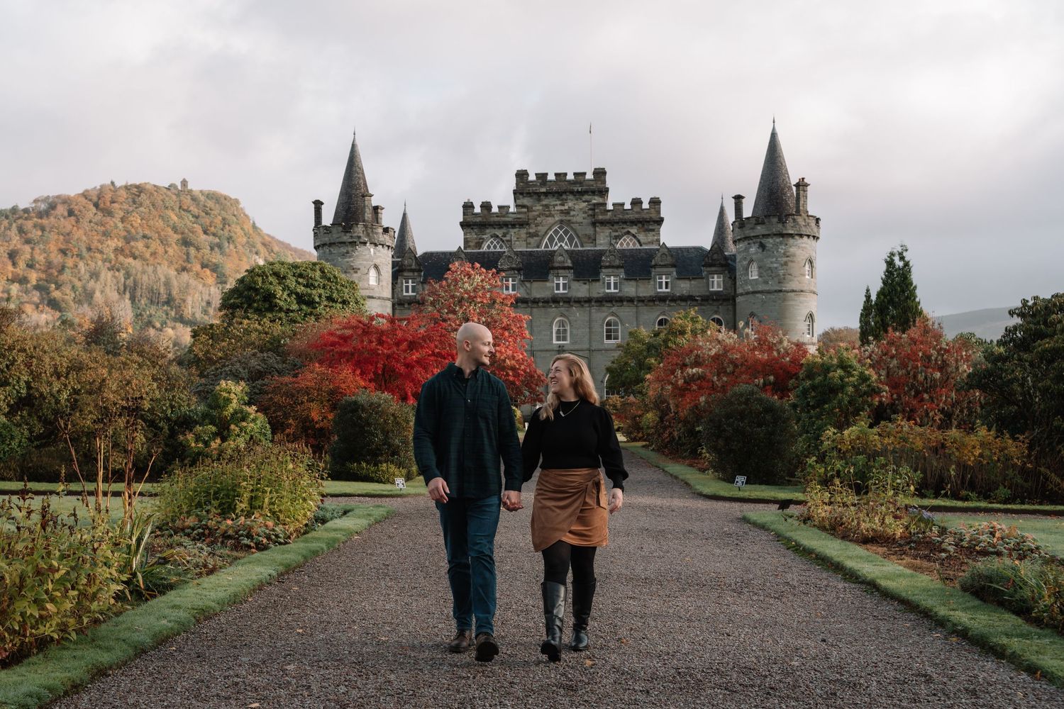 Candid moment during engagement session at Inveraray Castle