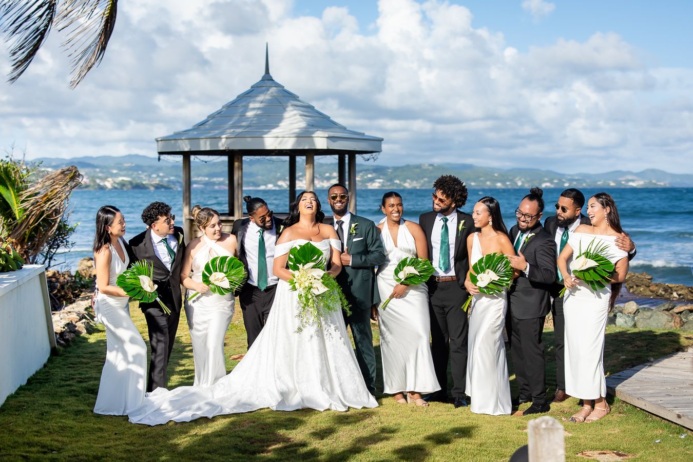 Wedding party lined up outdoors with ocean and palm trees in background during tropical beach ceremony.