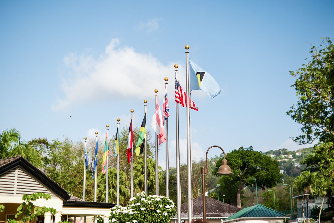 Row of international flags flying against blue sky at a beachside resort.