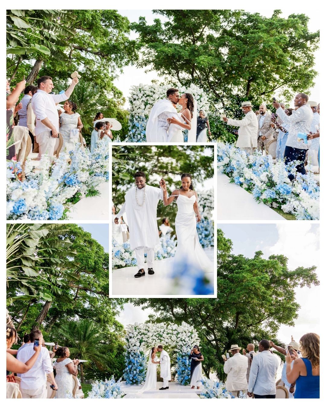 Outdoor wedding ceremony collage with couple kissing at floral aisle lined with blue and white flowers, guests celebrating.