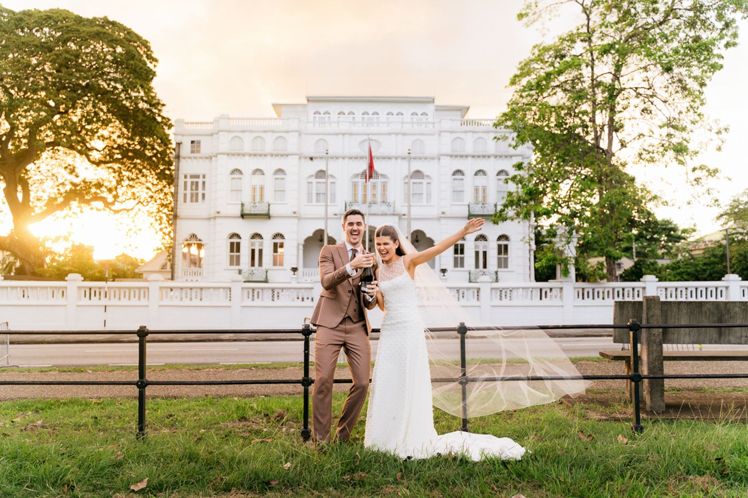 Wedding couple and guests pose on manicured lawn at twilight in front of grand historic white mansion.