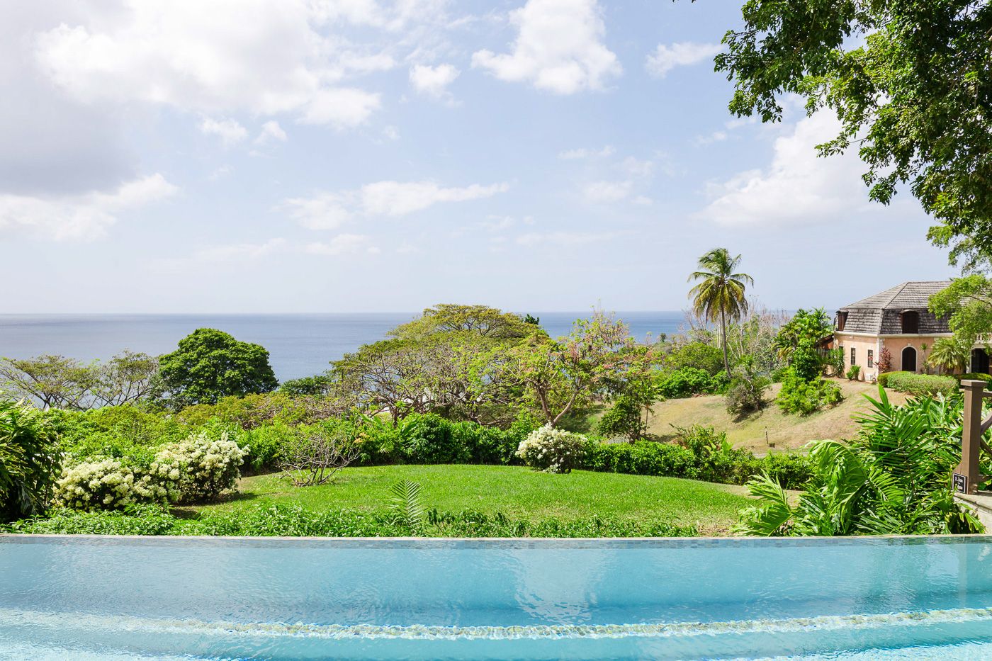 Luxurious infinity pool overlooking tropical coastline with lush green gardens and ocean views.