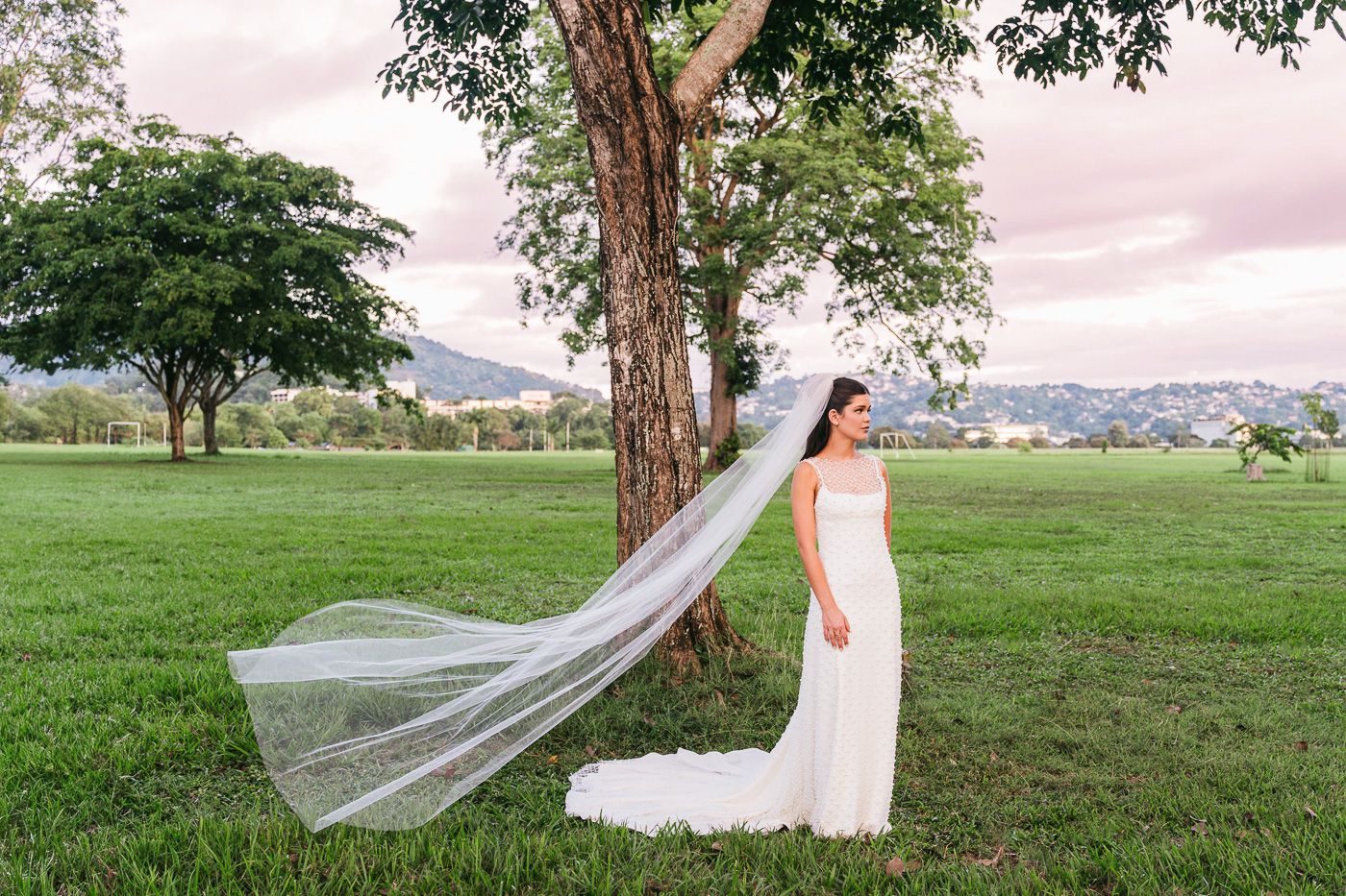 A flowing veil catches the breeze as a bride poses in a scenic field.