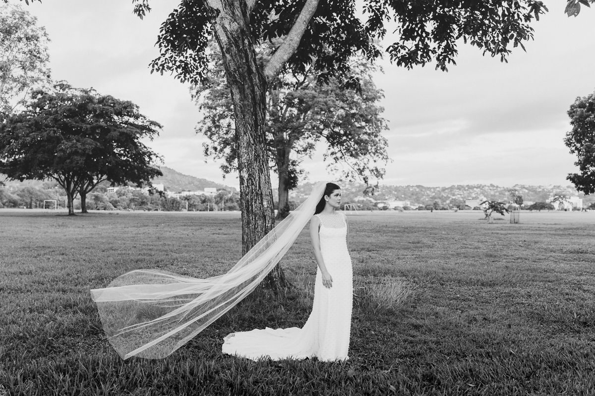 A flowing wedding veil catches the breeze in a scenic outdoor setting with rolling hills and trees in the background.