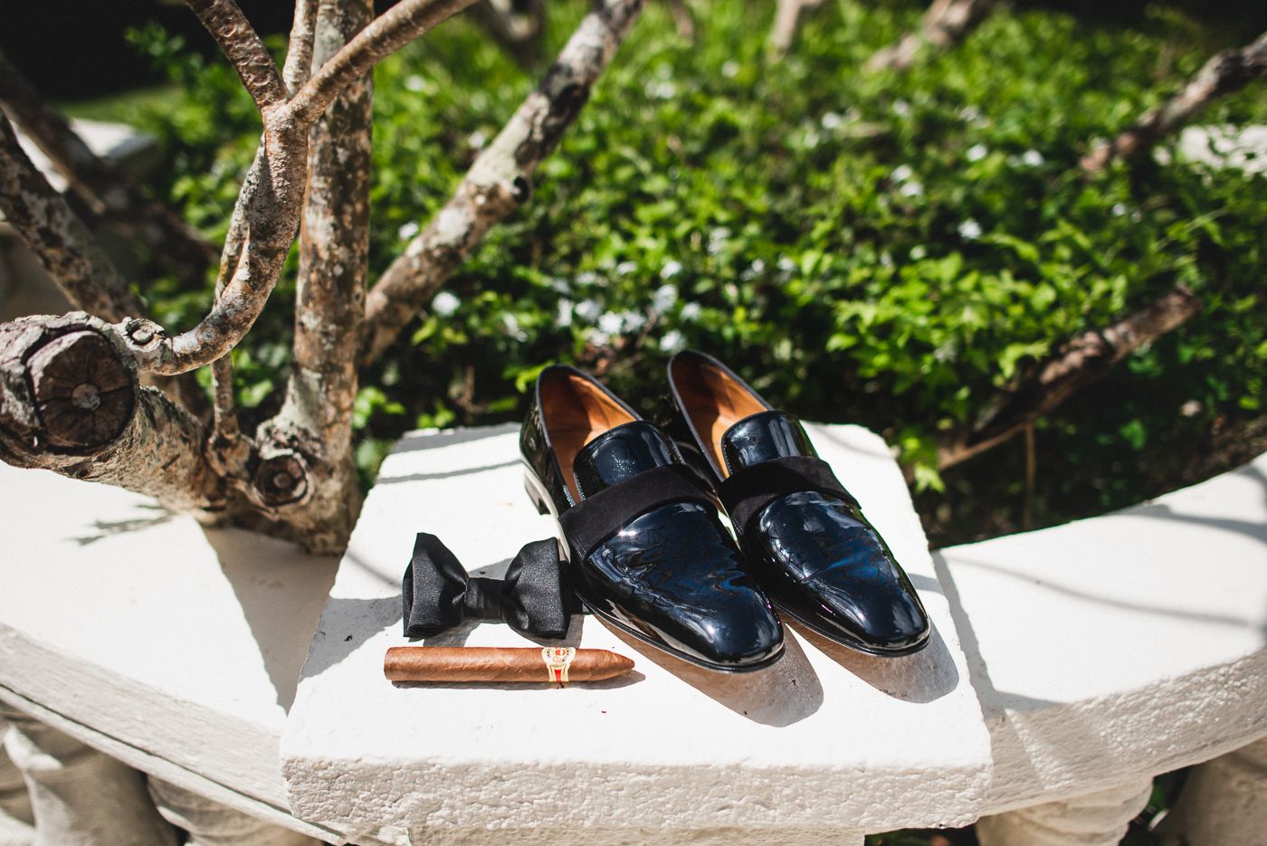 Elegant navy blue dress shoes with accessories displayed on white surface outdoors.