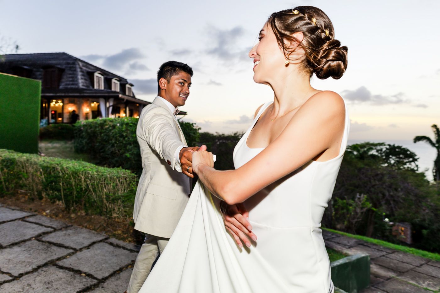 Candid moments from a sunset wedding celebration.