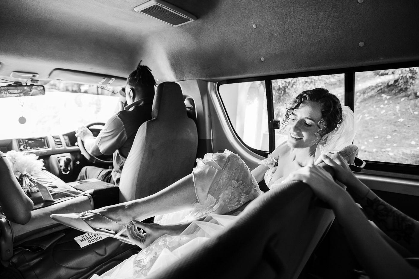 Black and white photo sequence of wedding day transportation in a vintage car.