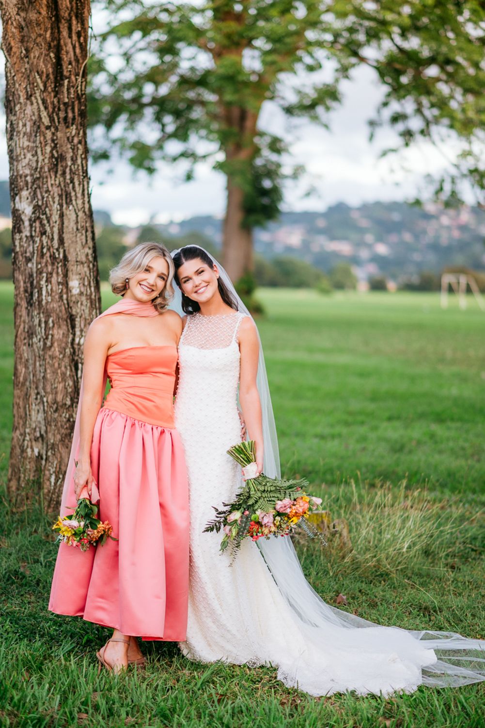 Three connected photos show a wedding ceremony scene with coral bridesmaid dress in a scenic outdoor setting.