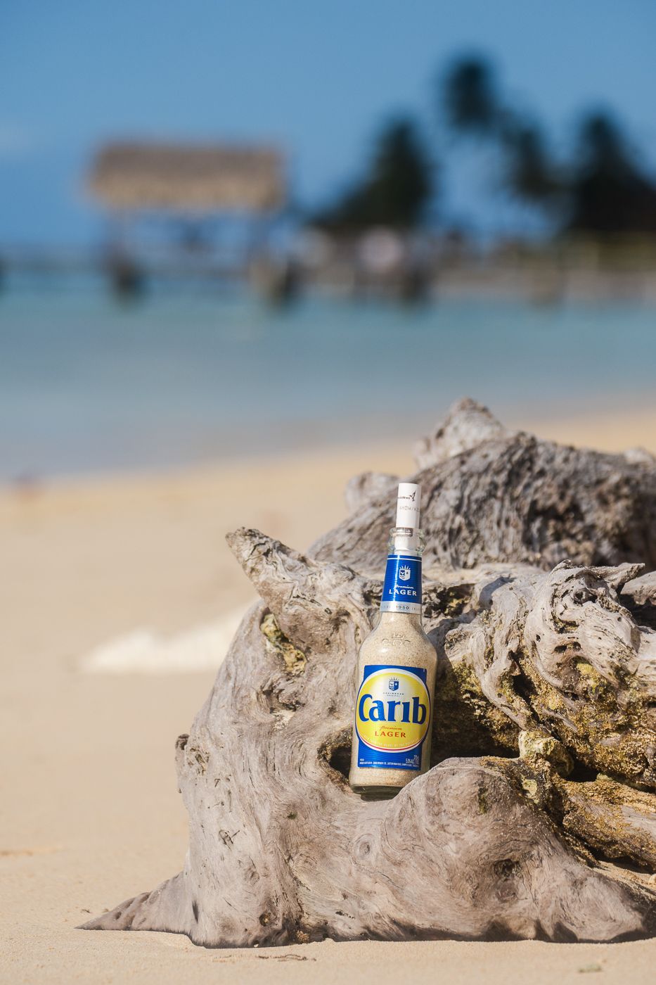 Small bottles of Carib beer arranged artistically on driftwood against a sandy beach background.