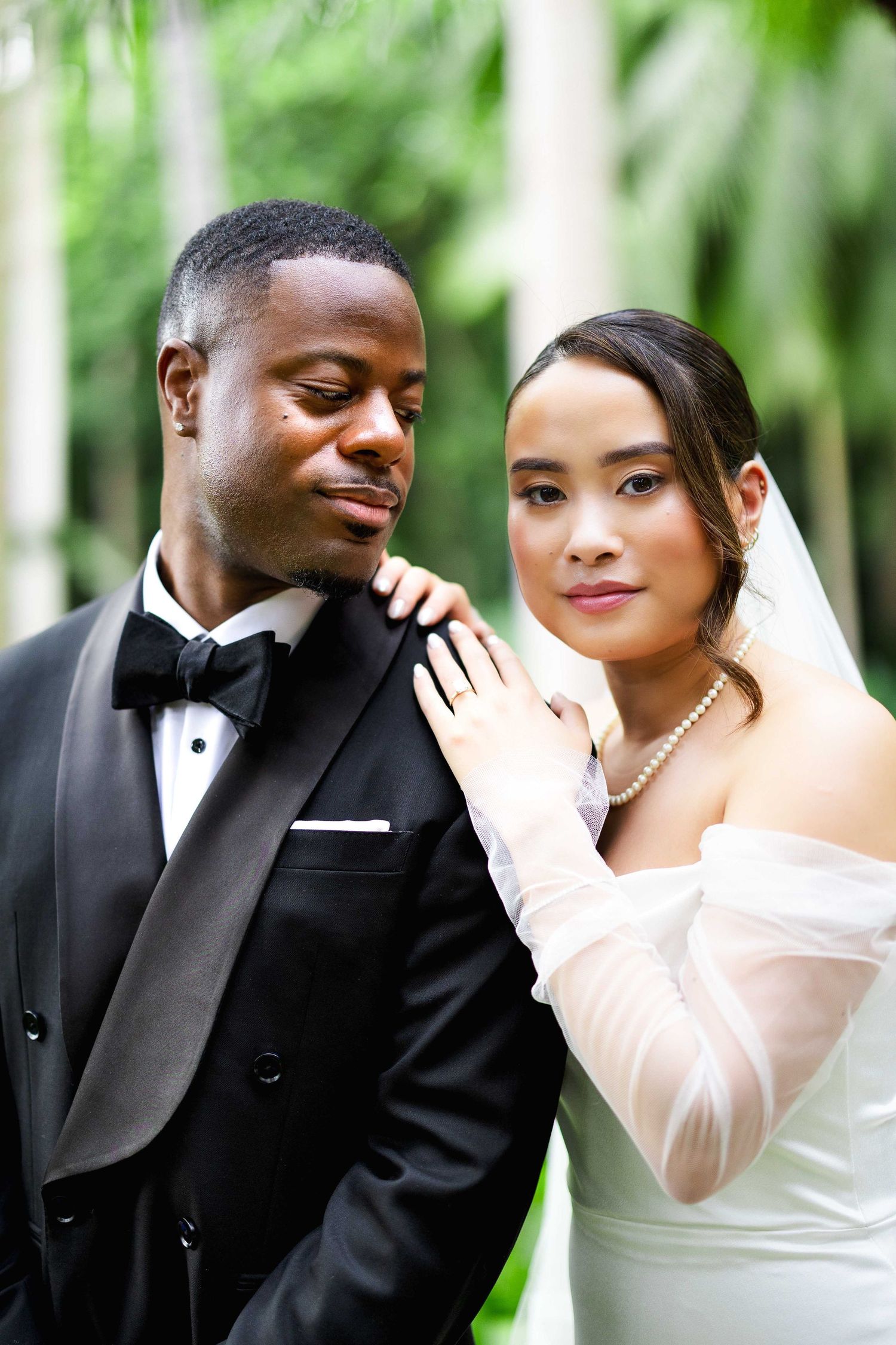 Intimate wedding portrait sequence showing tender moments between newlyweds in formal attire.