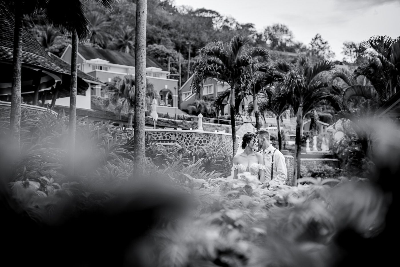 Black and white architectural photograph of a tropical resort with palm trees.