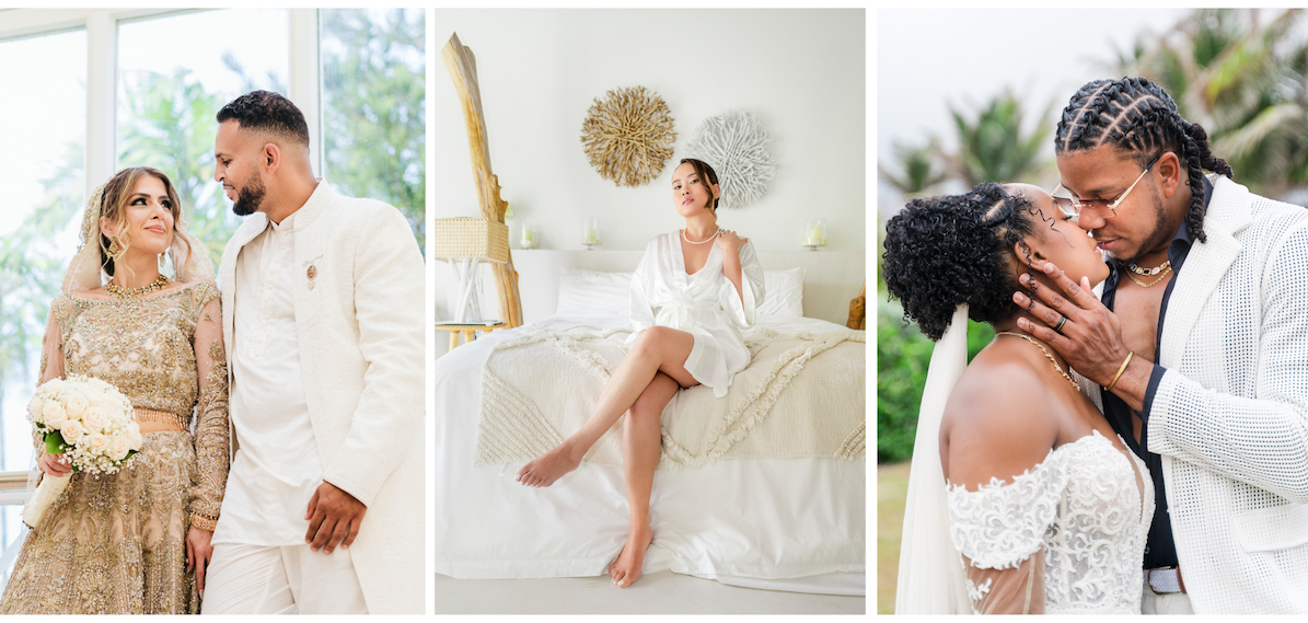 A romantic collage of wedding photos showing couples embracing outdoors in natural light settings.