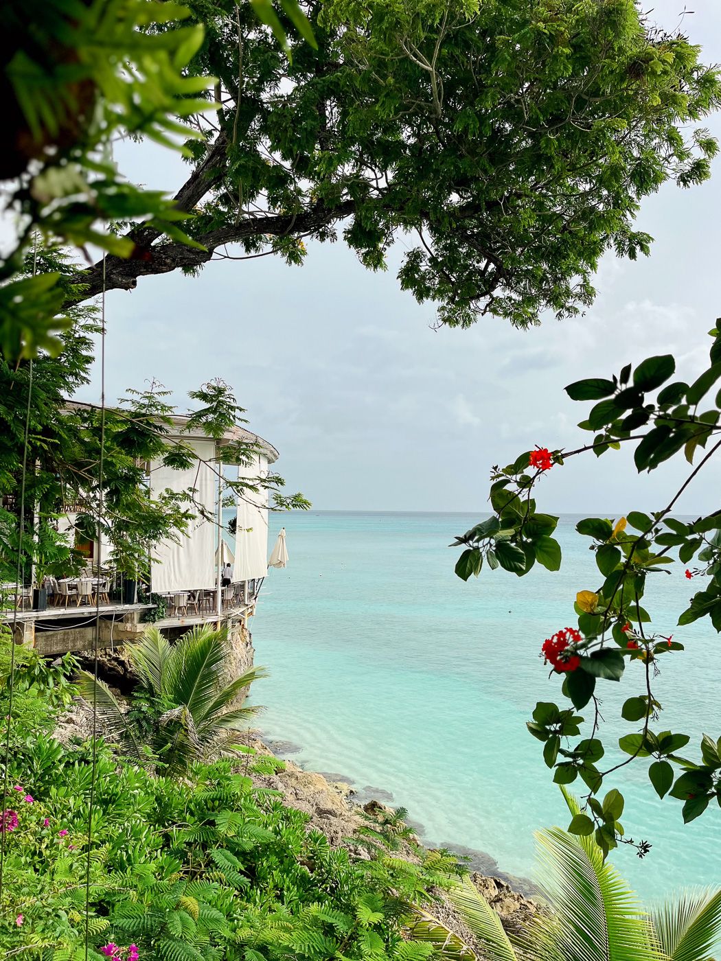 Panoramic view of turquoise ocean waters and lush tropical vegetation along a rocky coastline in Hawaii.