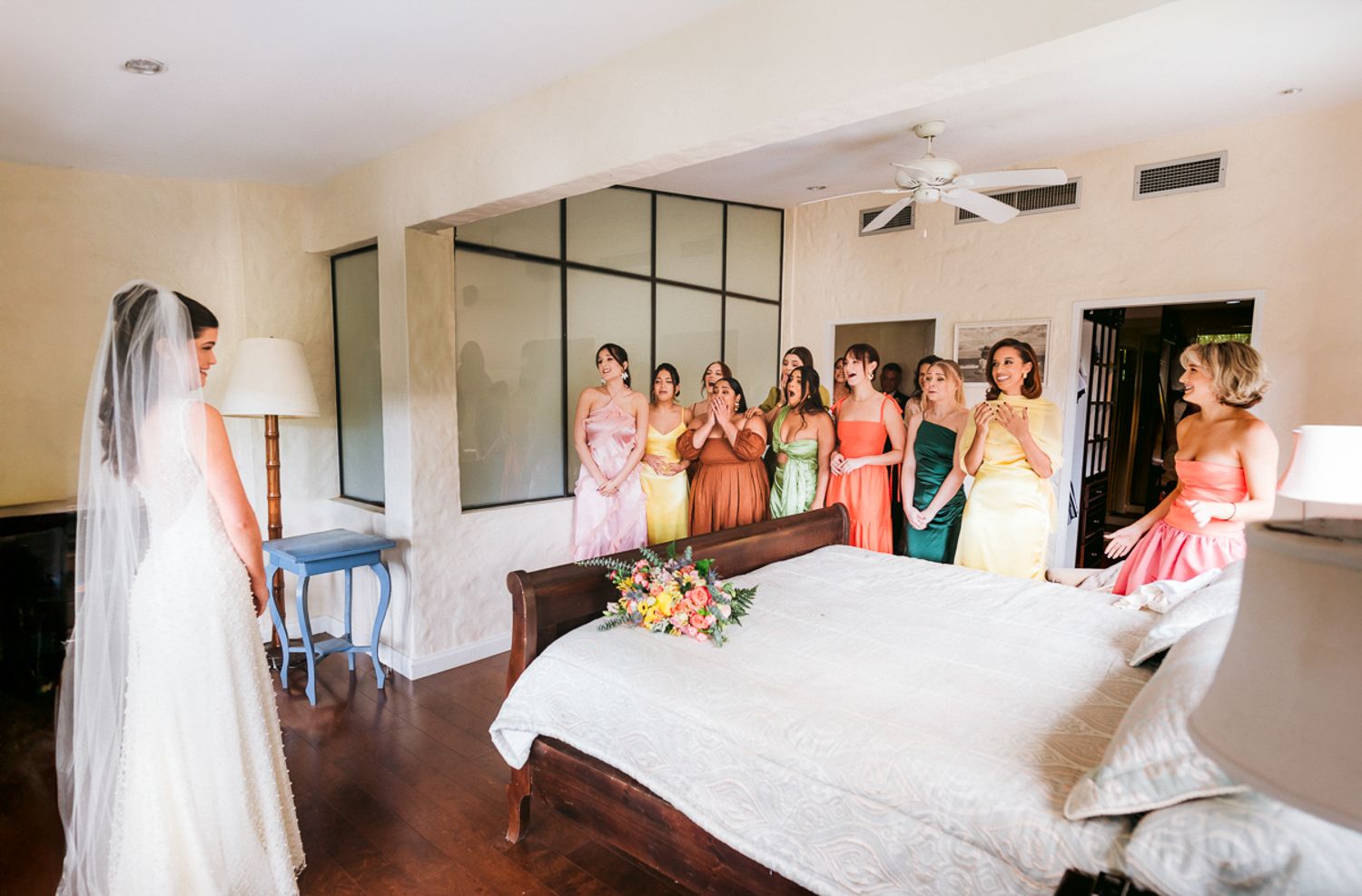A panoramic series of photos showing a bridal suite with bridesmaids in blush dresses getting ready for a wedding.