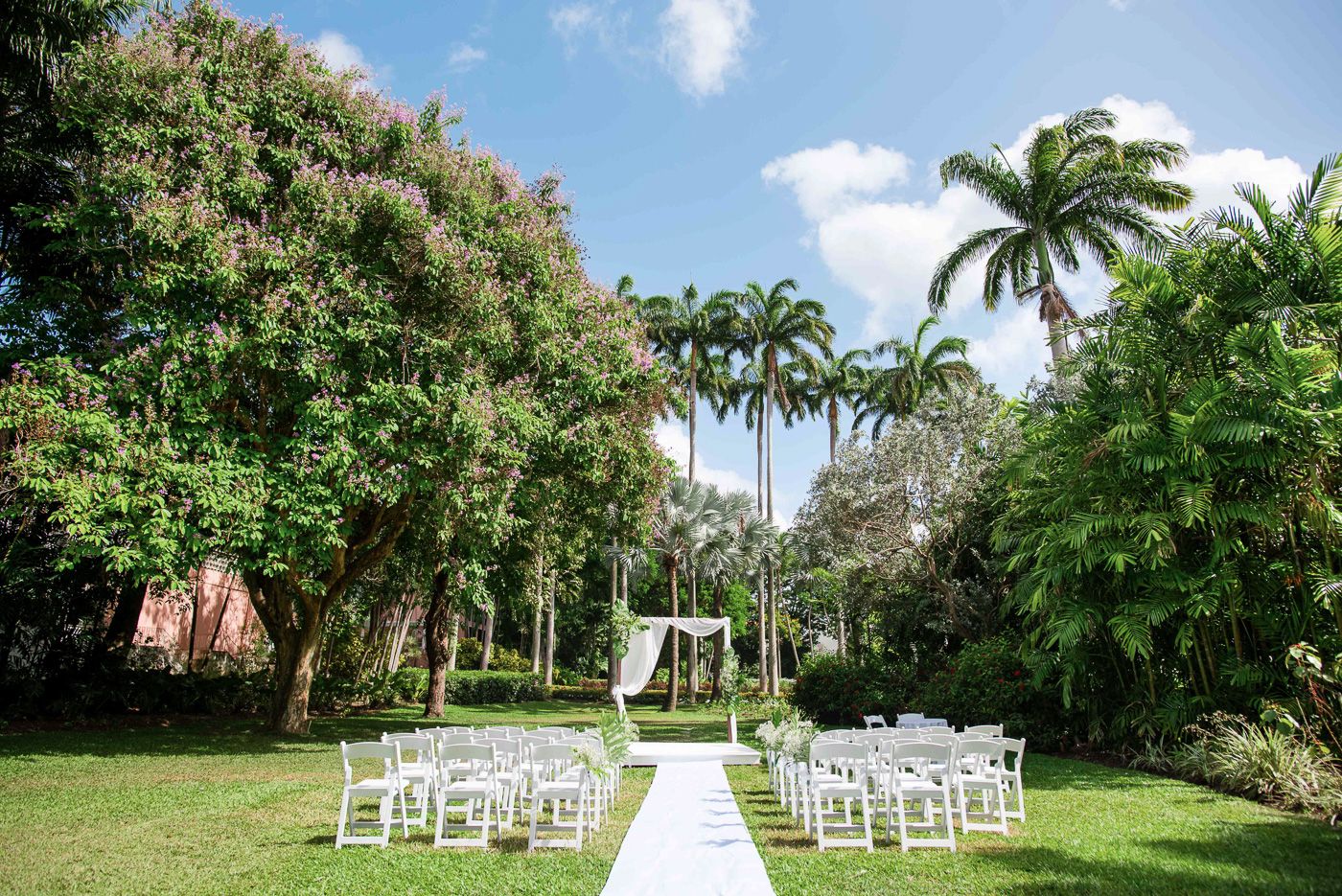 Outdoor wedding ceremony setup with white chairs and aisle runner surrounded by tropical palm trees.