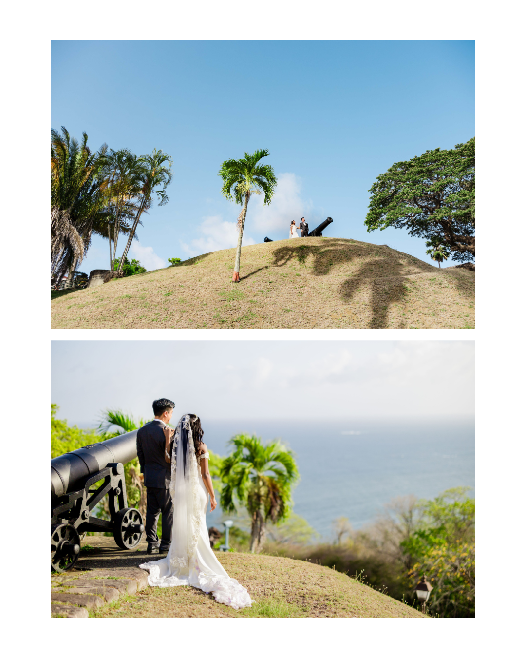 Bride and groom pose near a historic cannon overlooking the ocean at a tropical hillside fort on their wedding day.