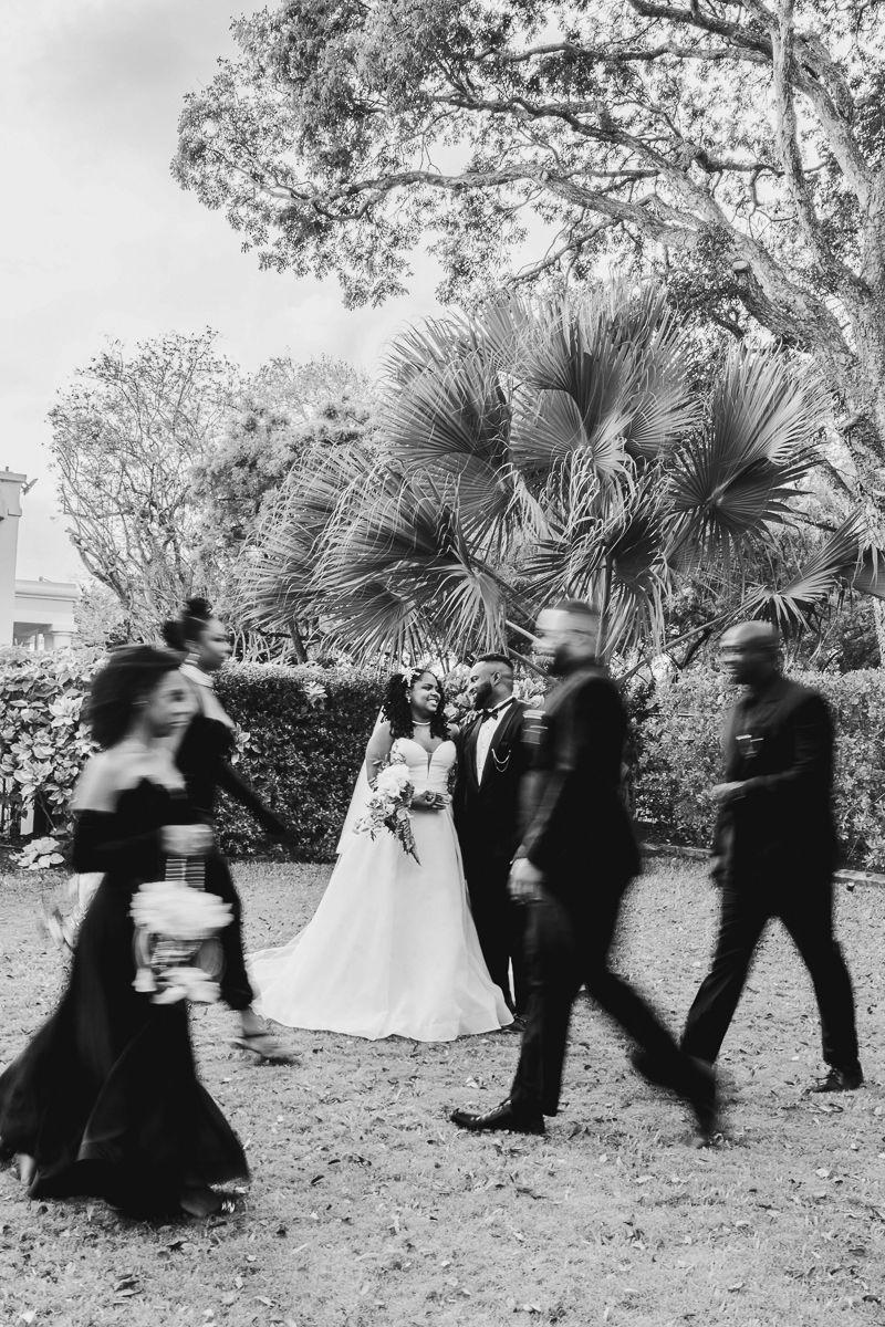 Black and white wedding photo of bride and groom standing still as bridal party walks past, palm trees in background.