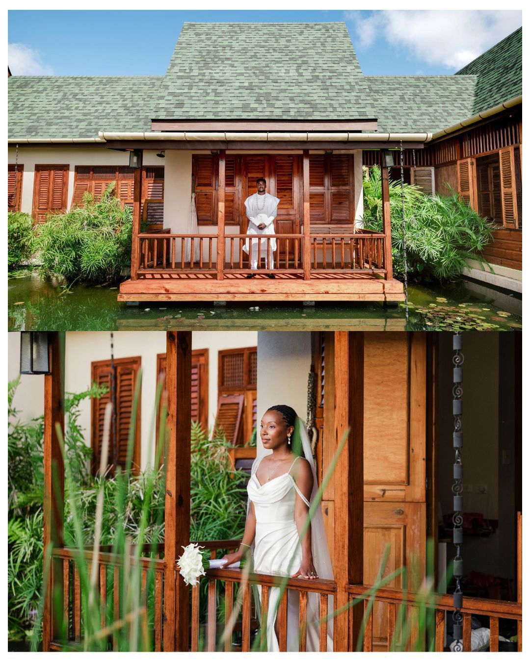 Bride in white wedding dress holding bouquet on wooden balcony of tropical resort surrounded by lush greenery.