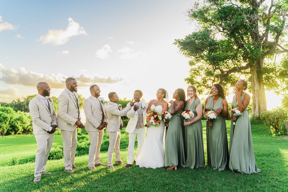 Wedding party in sage green bridesmaid dresses and tan suits posing on green lawn with sunset sky and trees.
