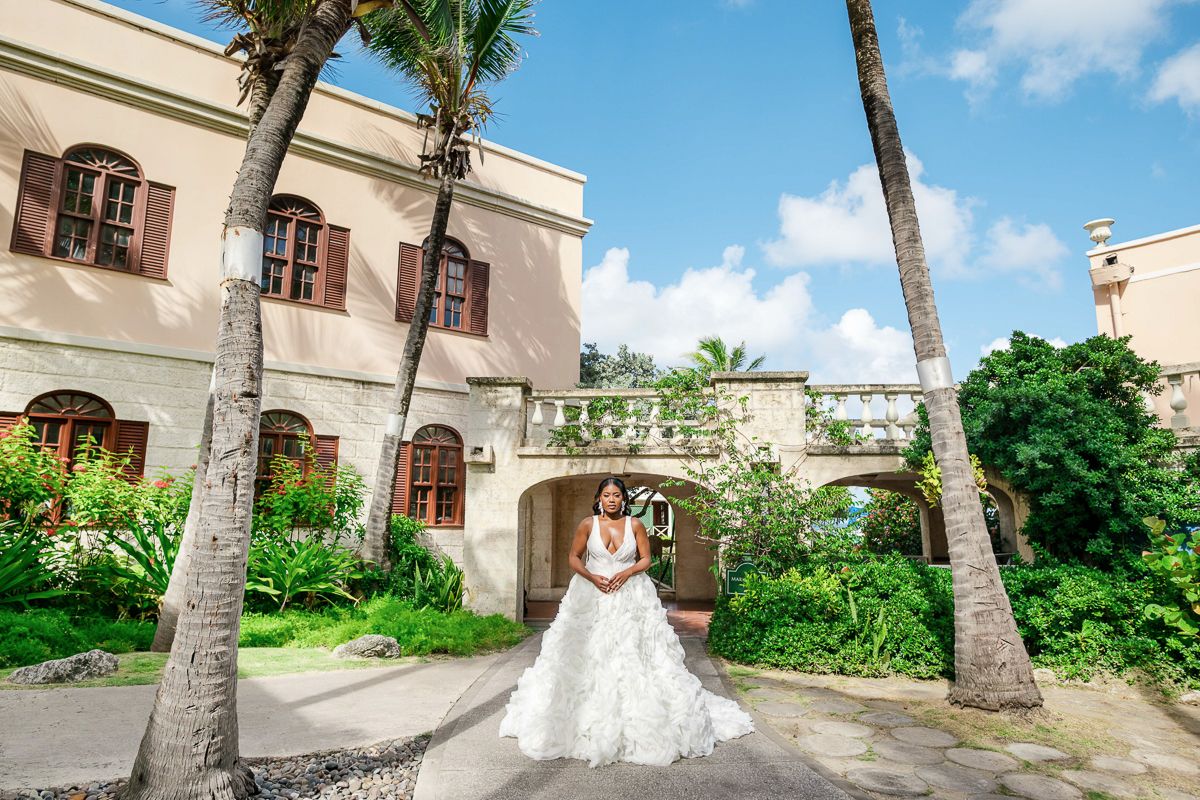 A series of panoramic wedding photos showing a tropical resort venue with palm trees and Mediterranean-style architecture.