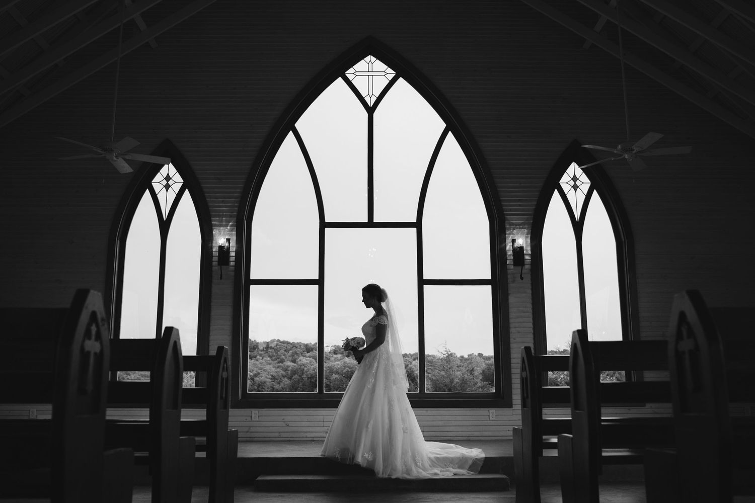 Silhouette of a bride in a chapel, the Brooks at Weatherford, best bridal portrait photographer in Fort Worth, Swan Photography