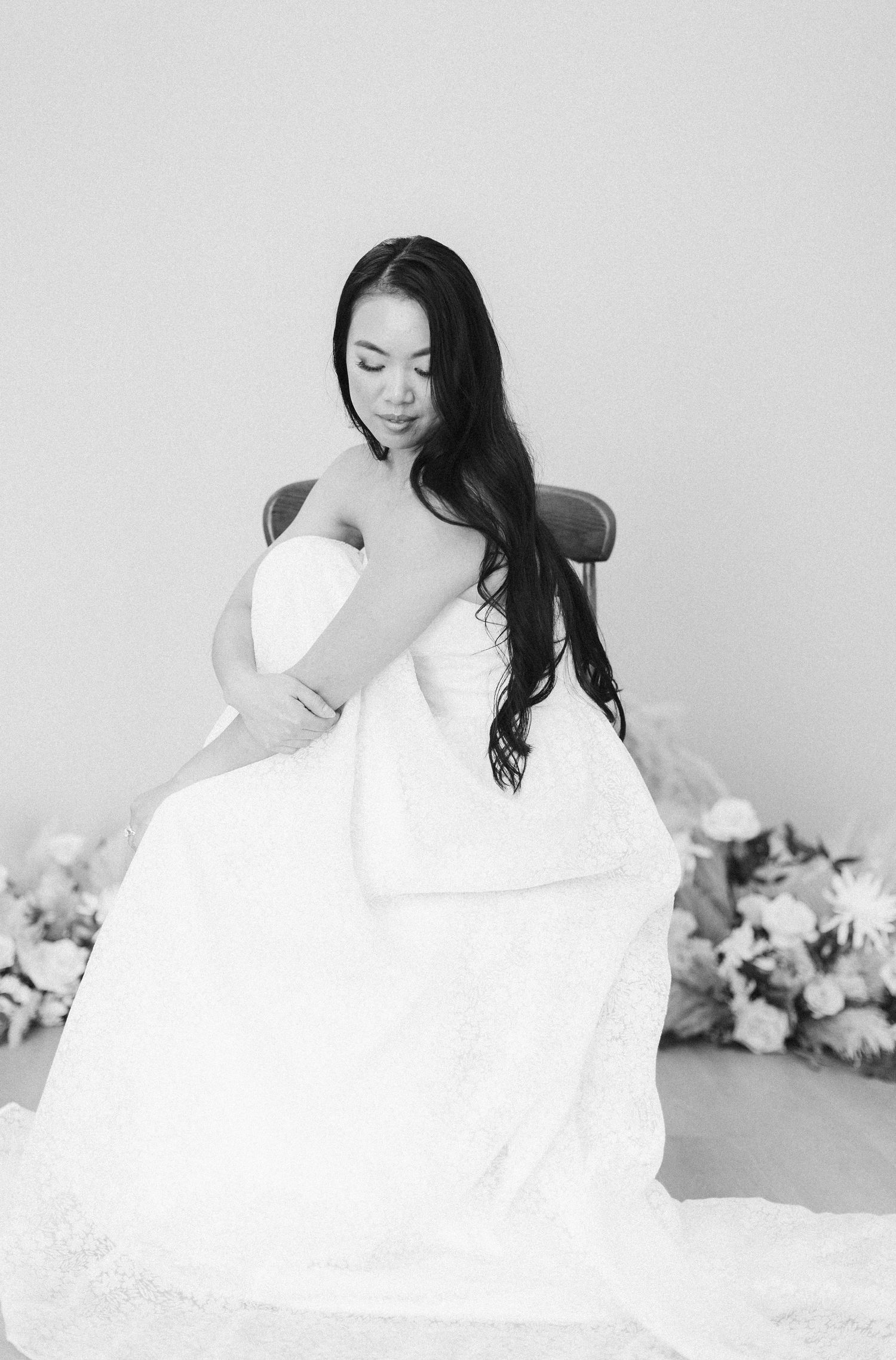 Asian bride with long hair in photography studio, in studio bridal portraits, best portrait photographer in Fort Worth, Swan Photography
